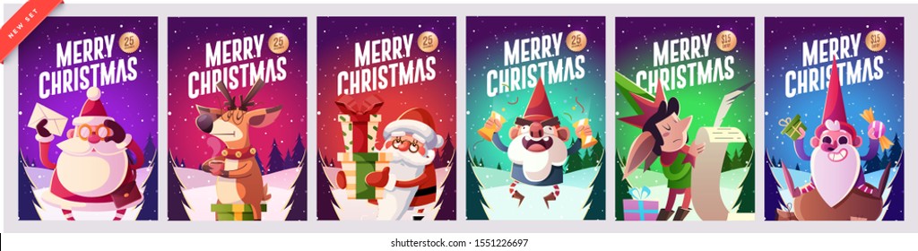 Juego de tarjetas de felicitación Feliz Navidad y Feliz Año Nuevo con personajes de Navidad. Ilustración del vector