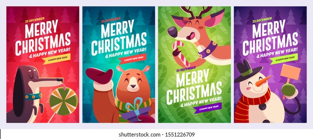 Set of Merry Christmas and Happy new Year greeting cards design with Christmas characters. Vector illustration