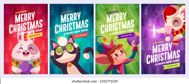 Set of Merry Christmas and Happy new Year greeting cards design with Christmas characters. Vector illustration