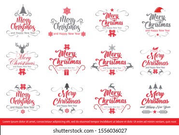 Set of Merry Christmas and Happy New Year Decorative Badges for Greetings Cards or Invitations. Vector Illustration