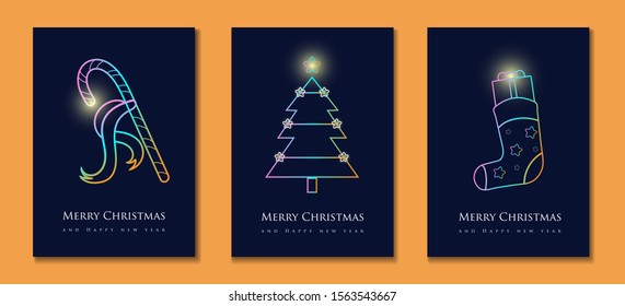 Set Merry Christmas and Happy new year template flat line vector illustration, Candy cane Special gift box,Pine tree decorated with stars,Gifts in socks