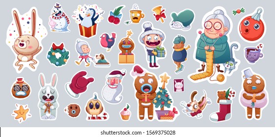 Set of Merry Christmas and Happy New Year stickers or magnets. Festive souvenirs.