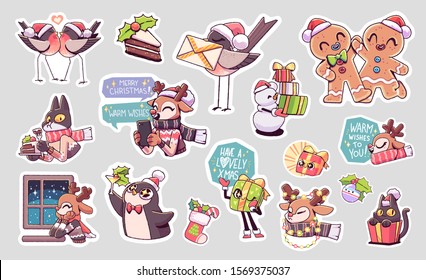 Set of Merry Christmas and Happy New Year stickers or magnets. Festive souvenirs.