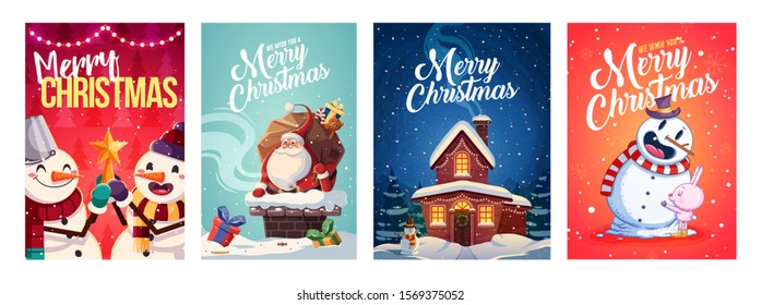Set of Merry Christmas and Happy new Year greeting cards design with Christmas characters. Vector illustration