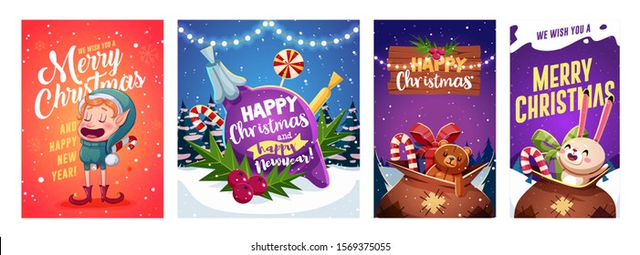 Set of Merry Christmas and Happy new Year greeting cards design with Christmas characters. Vector illustration