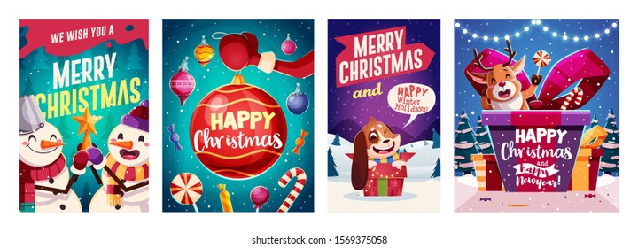 Set of Merry Christmas and Happy new Year greeting cards design with Christmas characters. Vector illustration