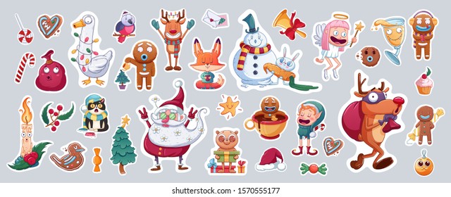 Set of Merry Christmas and Happy New Year stickers or magnets. Festive souvenirs.