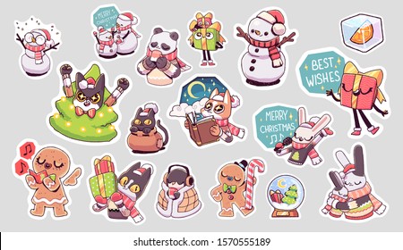 Set of Merry Christmas and Happy New Year stickers or magnets. Festive souvenirs.