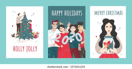 Set of Merry Christmas and Happy New year greeting cards. Young people decorating the tree, celebrating the New year and have a christmas mood in jar. Vector flat cartoon illustration