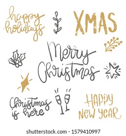 Set of Merry Christmas and Happy New Year 2020 handlettered card designs. Christmas phrases. Merry Christmas. Hapy New Year. 2020.