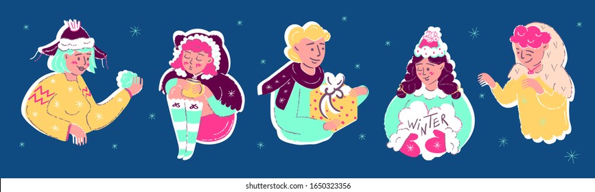 Set of Merry Christmas and Happy New Year Stickers. Illustrations of Cute Girls and Boys with Accessories. Cartoon Vector Illustration