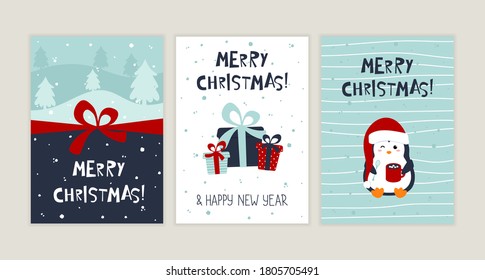 Set of Merry Christmas and Happy New Year greeting cards. Fun festive postcard with cute penguin and hand drawn lettering