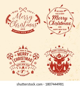 Set of Merry Christmas and Happy New Year stamp, sticker Set quotes with snowflakes, elk, sweet candy, angels, santa claus. Vector. Vintage typography design for xmas, new year emblem