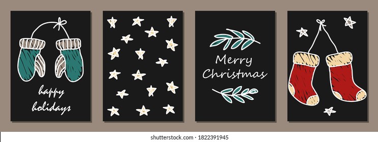 Set of Merry Christmas and Happy New Year card template. Hand drawn textures, lettering. Golden metallic, black, white colors. Holiday greetings. EPS10 vector.