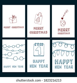 Set of Merry Christmas, Happy New Year cards with text and elements. Vector design for wallpapers, invitations, prints, greeting cards, posters. A5 format on white isolated background.