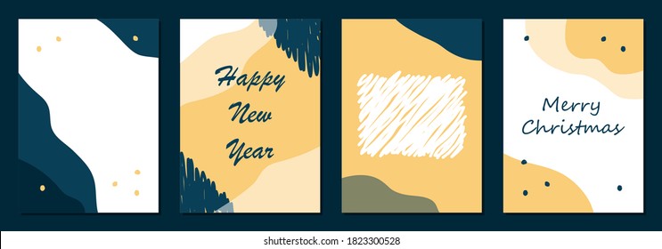 Set of Merry Christmas and Happy New Year card template. Hand drawn textures, lettering. Golden metallic, black, white colors. Holiday greetings. EPS10 vector.