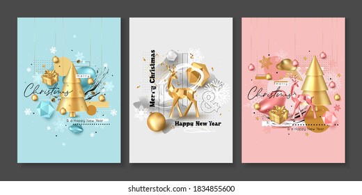 Set of Merry Christmas and Happy New Year greeting card template. Vector illustration