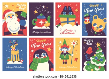 Set of Merry Christmas and Happy new Year greeting cards design with Christmas characters. Vector illustration