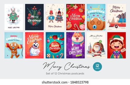 Set of Merry Christmas and Happy new Year greeting cards design with Christmas characters. Vector illustration