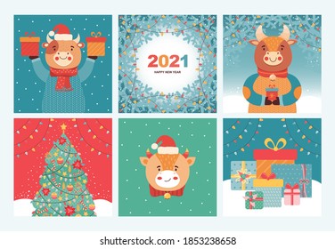 Set of merry Christmas and happy New year greeting cards and banners. Funny bulls with gifts, Christmas tree, pine branches, holiday garlands. 2021 New years symbol ox. Hand drawn vector illustration