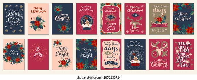 Set of Merry Christmas and Happy New Year vintage hand drawn greeting cards, gift tags, postcards, posters. Calligraphic typography artwork. EPS10 vector illustration