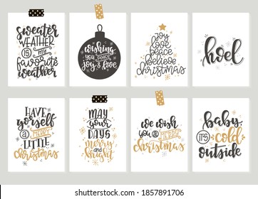 Set with Merry Christmas and Happy New Year vintage gift tags and cards with calligraphy. Handwritten lettering. Hand drawn design elements. Printable items 