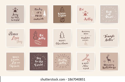 Set of Merry Christmas and Happy New Year hand colorful drawn Mid Century Modern style vintage calligraphic cards with hand lettering. EPS10 vector illustration