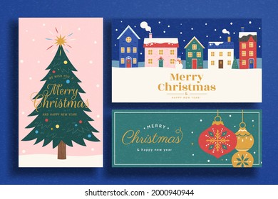 Set of Merry Christmas and happy new year cards and banners in hand drawn design. Suitable for invitation and web banner.