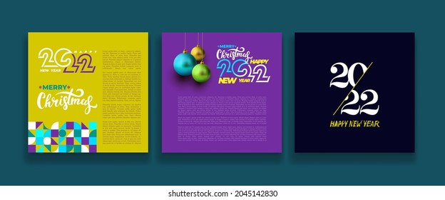 Set of Merry Christmas and Happy New Year greeting cards, web site holiday covers. Modern Xmas design in colored colors. Christmas tree, balls, fir branches, gifts elements. Vector illustration.
