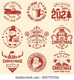 Set of Merry Christmas and Happy New Year stamp, sticker with Santa Claus, snowman, fireplace, chocolate with marshmallows and candy. Vector. Vintage design for xmas, new year emblem.