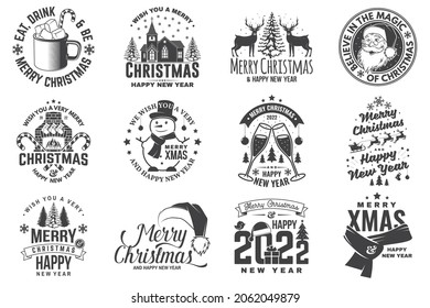 Set of Merry Christmas and Happy New Year stamp, sticker with snowflakes, snowman, santa claus, candy, catholic church, glasses of champagne Vector Vintage typography design for xmas, new year emblem