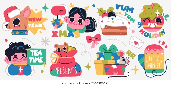 Set of Merry Christmas and Happy New Year stickers or magnets. Festive souvenirs.