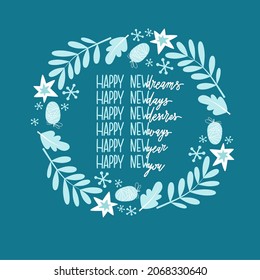 Set of Merry Christmas or Happy New Year with holiday lettering and traditional winter elements. Cute hand drawn in Scandinavian style. Vector background.