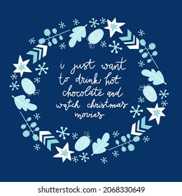 Set of Merry Christmas or Happy New Year with holiday lettering and traditional winter elements. Cute hand drawn in Scandinavian style. Vector background.
