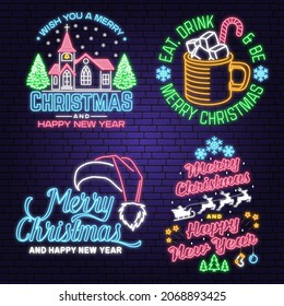 Set of Merry Christmas and Happy New Year neon sign with mug of hot chocolate, Catholic Church, christmas tree, sleigh with deer. Vector. Vintage design for xmas, new year emblem.