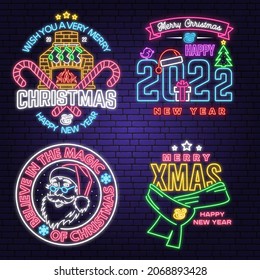 Set of Merry Christmas and Happy New Year neon sign with winter scarf, Santa Claus face, fireplace and candy. Vector. Vintage design for xmas, new year emblem.
