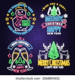 Set of Merry Christmas and Happy New Year neon sign with elk, snowman, forest landscape, glasses of champagne . Vector. Vintage design for xmas, new year emblem.