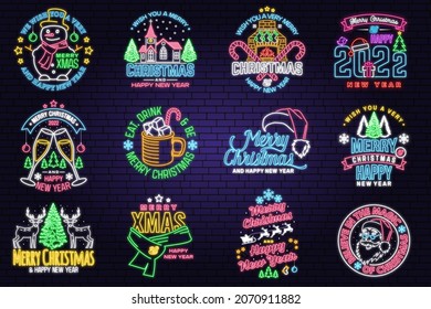 Set of Merry Christmas and Happy New Year neon sign with elk, snowman, forest landscape, glasses of champagne . Vector. Vintage design for xmas, new year emblem.
