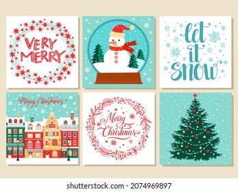 Set of Merry Christmas and Happy New Year  greeting cards, illustrations with Christmas tree, hand written lettering, winter, holiday wreaths.