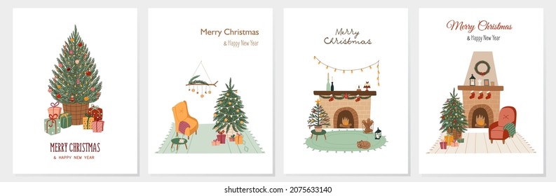 Set of Merry Christmas and Happy New Year cards templates decorated with a Christmas tree and boxes with gifts. 