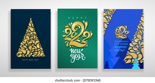 Set of Merry Christmas and Happy New Year greeting card holiday cover. Xmas modern with design covenants in modern line art style on white background. Christmas tree, border frame, decoration elements