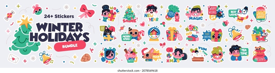 Set of Merry Christmas and Happy New Year stickers or magnets. Festive souvenirs.