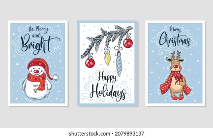 Set of Merry Christmas and Happy New Year greeting cards with handmade decorative elements. Fashionable vintage style.