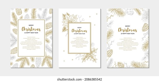 Set of Merry Christmas and happy New Year greeting cards with floral elements. Hand drawn vector illustration