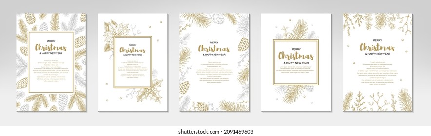 Set of Merry Christmas and happy New Year greeting cards with floral elements. Hand drawn vector illustration