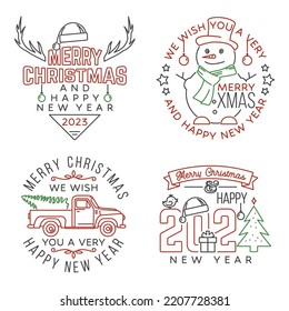 Set of Merry Christmas and Happy New Year stamp sticker Set quotes with snowflakes, snowman, santa claus, candy, sweet candy, pickup. Vector. Line art design for xmas, new year emblem