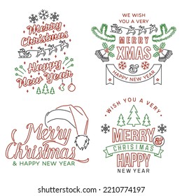 Set of Merry Christmas and Happy New Year stamp, sticker Set quotes with snowflakes, santa claus in sleigh with deer and christmas gifts. Vector. Line art design for xmas, new year emblem.