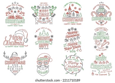 Set of Merry Christmas and Happy New Year stamp, sticker Set quotes with Catholic Church, fireplace, christmas socks, candy, santa claus. Vector. Line art design for xmas, new year emblem.