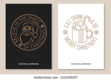 Set of Merry Christmas and Happy New Year flyer, brochure, banner, poster with snowflakes, mug of hot chocolate with marshmallows, sweet candy, santa claus. Vector. Line art design for xmas, new year