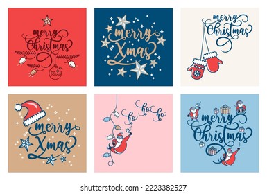 Set of merry Christmas and Happy New Year greeting cards with Santa Claus, hat and gloves. Winter holidays.